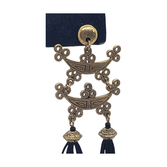 Asian Inspired Dangle Earrings Gold Tone Black Tassel Long Drop Pierced Fringe - Picture 2 of 12